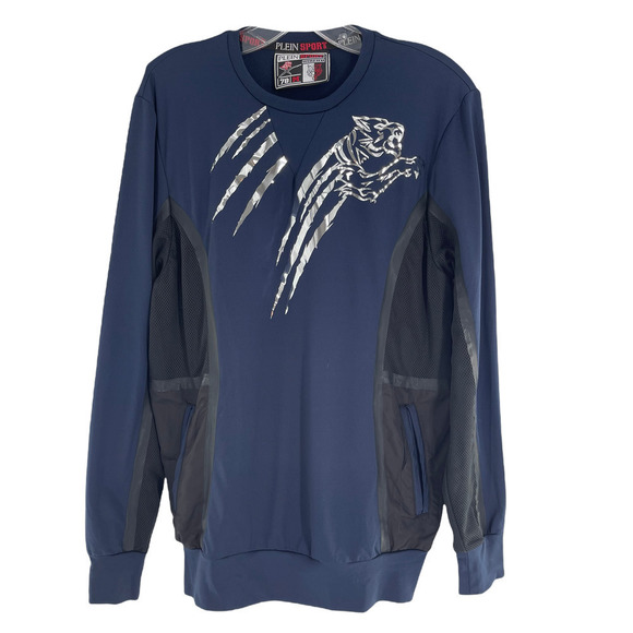 New PHILIPP PLEIN SPORT NAVY LONG SLEEVE SHIRT WITH SILVER TIGER - Picture 1 of 7